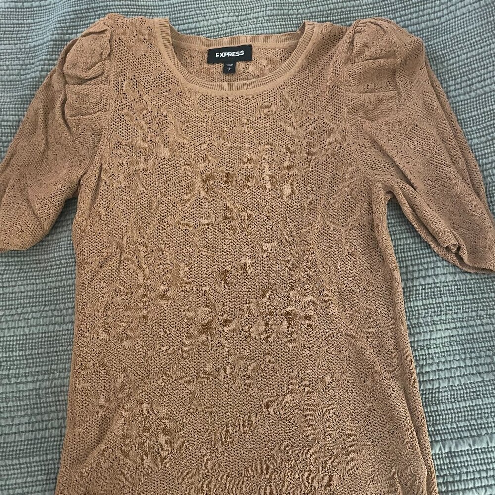 Express Tan Cut Out Shirt with Cap and Ruffle Sleeves